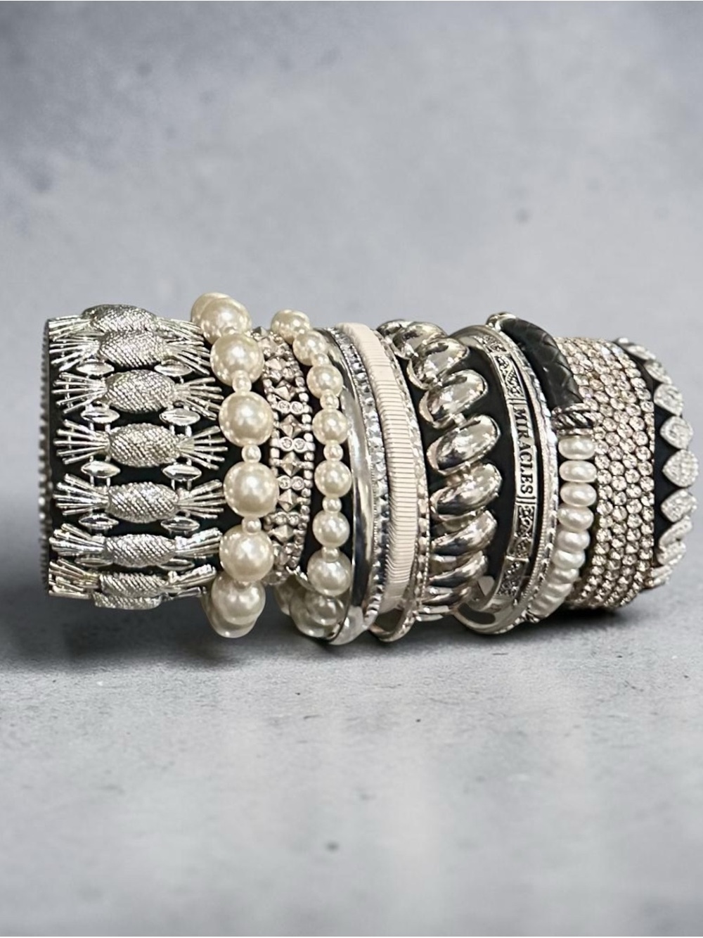 Boho Silver Textured Metallic Bead Stack Pearls Rhinestone Stretch Bracelets